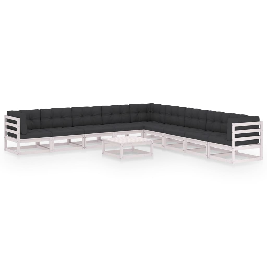 10-tlg. Garten-Lounge-Set mit Kissen Weiss Kiefer Massivholz